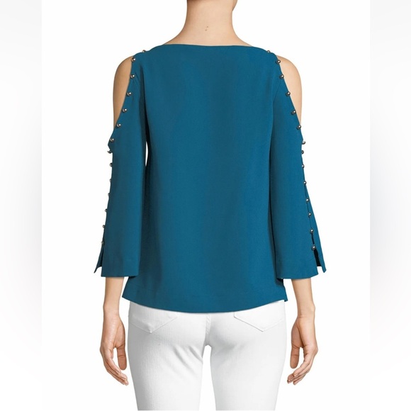 Trina Turk Amor Button Cold-Shoulder Top, Truest Teal size M - Picture 8 of 10